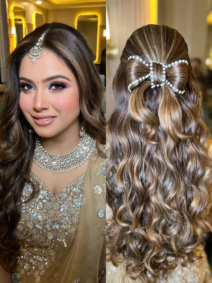 A collage showing both the makeup and the hairstyle for this engagement look.