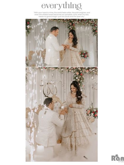 A collage capturing the key moments of a ring ceremony. From the groom placing the ring on his bride's finger to him kneeling before her, these shots tell the story of their commitment amidst a shower of pyrotechnics.