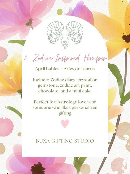 A zodiac-inspired hamper idea for April babies (Aries or Taurus), featuring a zodiac diary, a gemstone, and a mini cake.