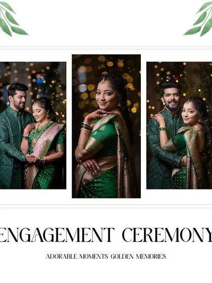 A triptych of an engagement ceremony, capturing the couple's interactions and the bride's solo portraits.