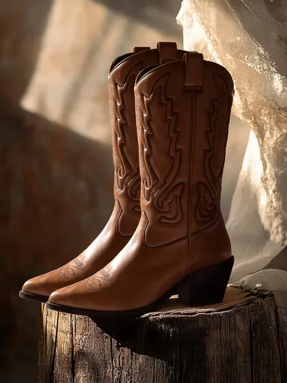 A pair of light brown cowboy boots styled in a soft, rustic setting. The natural light and delicate fabric create a romantic, almost bohemian feel, showing a different side to the classic Western boot.