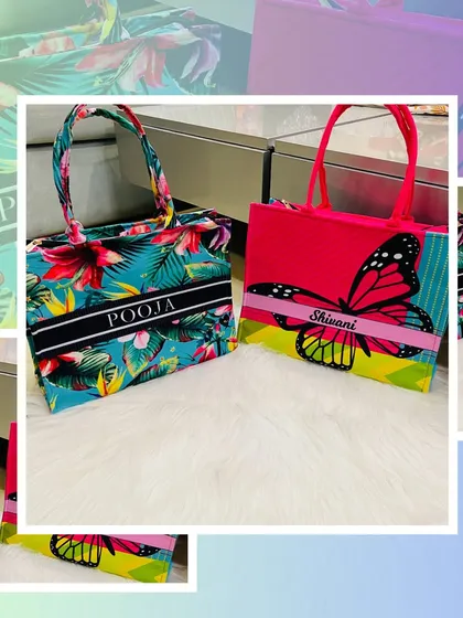 A collage of our vibrant printed tote bags. These gateway companions are perfect for a weekend trip and can be personalised with a name.