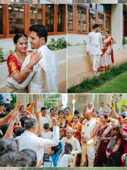 A collection of moments showing the couple's interactions and the groom's joyful celebration with his family, highlighting the blend of personal and communal joy.