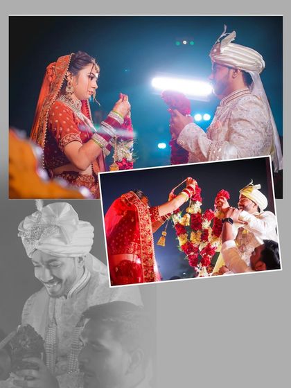 A collage showing different moments from the Jaimala ceremony, perfect for a wedding album layout.