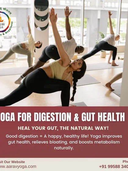 "Yoga for Digestion & Gut Health." This image of a group class in a powerful lunge pose reinforces how yoga can relieve bloating and boost metabolism naturally.