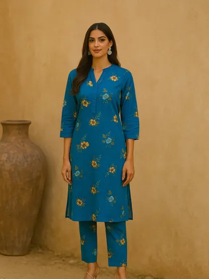 To help you imagine the possibilities, here is an example of what my fabrics can become. This elegant blue floral kurta and pant set was created from one of my printed cottons, showing how a simple fabric can be tailored into a chic, everyday ethnic wear ensemble.