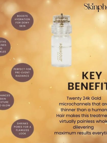An infographic detailing the key benefits of our Aqua Gold facial. The 24K gold micro-channels deliver serums painlessly to boost hydration, smooth fine lines, and shrink pores for a flawless look.
