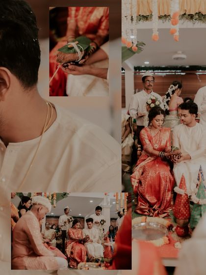 This collage documents the solemn and traditional aspects of a Maharashtrian wedding. It features the pooja rituals with the sacred coconut and thread, and the couple seated together with their families, showing the importance of these customs.