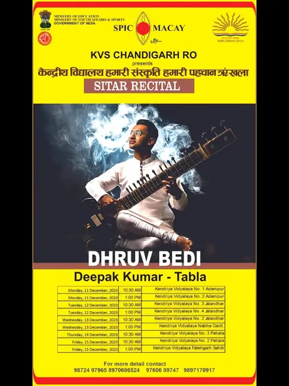 A poster detailing my Sitar recital tour across various Kendriya Vidyalayas in the Chandigarh region, organized by SPIC MACAY.