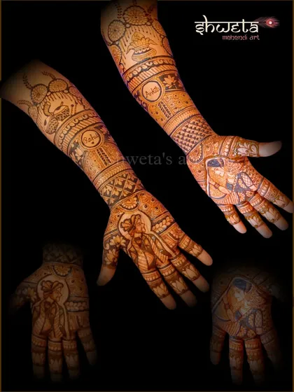 This bridal mehendi tells a story from the couple's life. Each element is customized to reflect their journey, creating a design that is truly one of a kind.