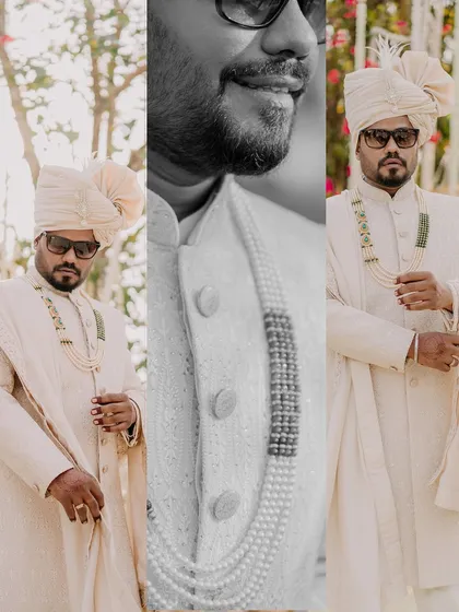 A collage of the groom's portraits, mixing color and black and white to highlight his stylish look and confident demeanor.