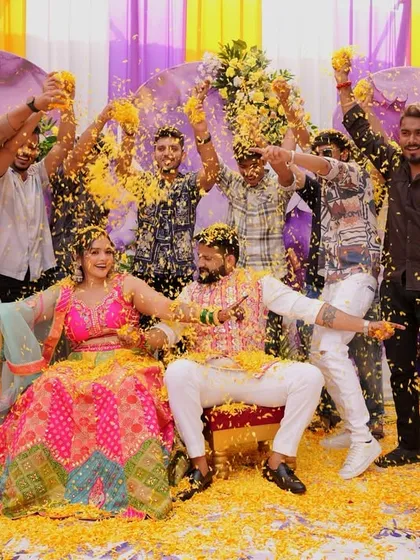 The groom's squad joins in on the Phoolon ki Holi fun. We make sure everyone is part of the celebration, creating a lively and inclusive atmosphere.