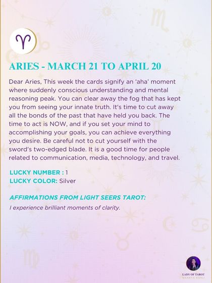 A weekly tarot forecast for Aries. This week, the cards signify an 'aha' moment of mental clarity. It's time to cut away the bonds of the past that have held you back and act on your goals with your newfound understanding.