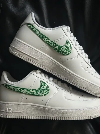 Another pair shot of the green paisley custom sneakers.