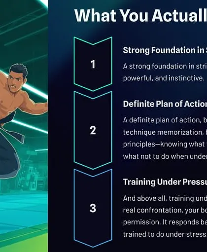 What you actually need is a strong foundation in striking, a definite plan of action based on universal principles, and above all, training under pressure. Your body responds based on what it's been trained to do under stress.