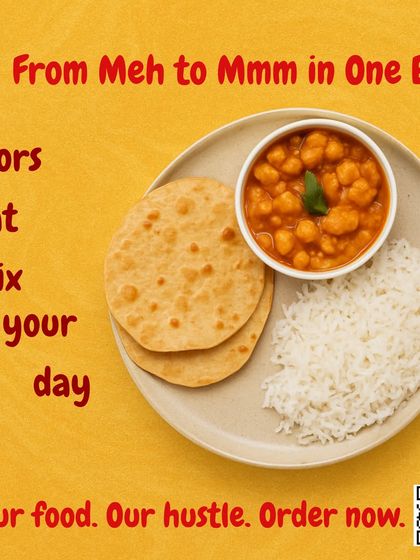 From Meh to Mmm in one bite. This simple plate of chana, rice, and roti has flavors that can fix your day. Your food, our hustle.