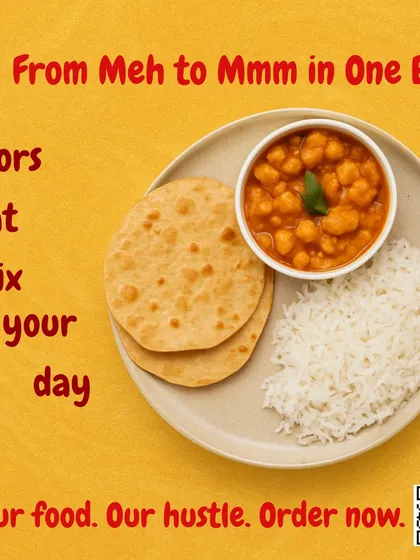 From Meh to Mmm in one bite. This simple plate of chana, rice, and roti has flavors that can fix your day. Your food, our hustle.