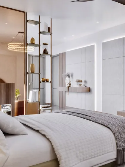 This view highlights the floating vanity and the texture of the wall panels, creating a sleek and modern feel.