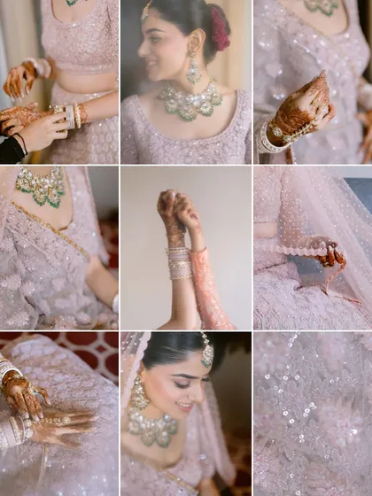 A grid of nine images capturing the intricate details of the bride's jewelry, mehendi, and shimmering lehenga.
