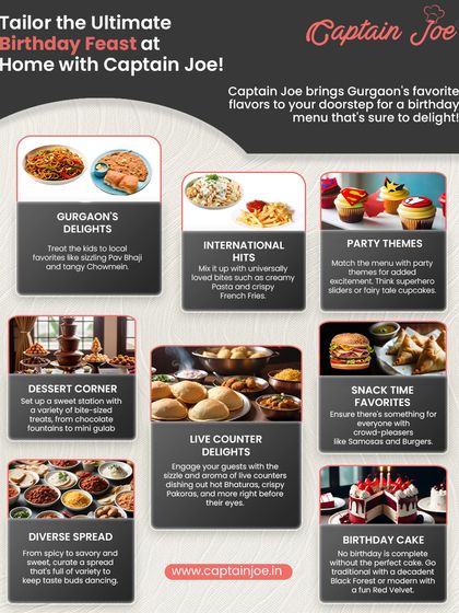 This detailed infographic showcases the ultimate birthday feast I can tailor for your party at home. It highlights menu options from local favorites like Pav Bhaji to international hits, themed cupcakes, live counters, and of course, the birthday cake.