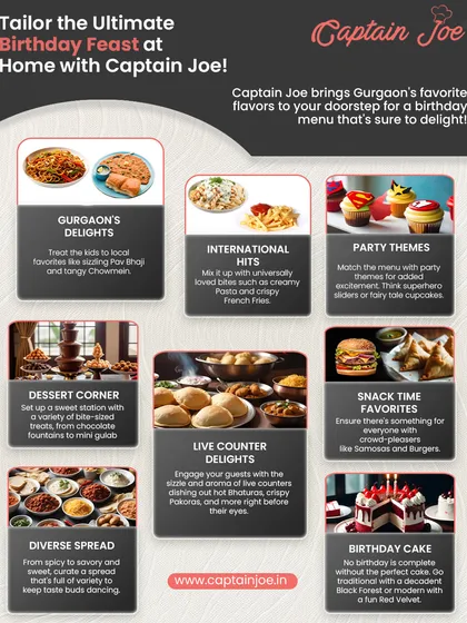 This detailed infographic showcases the ultimate birthday feast I can tailor for your party at home. It highlights menu options from local favorites like Pav Bhaji to international hits, themed cupcakes, live counters, and of course, the birthday cake.