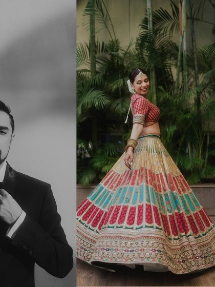 A creative split-frame portrait from a Mumbai wedding. A black and white shot of the groom is paired with a vibrant, joyful portrait of the bride, showcasing two sides of the same story.