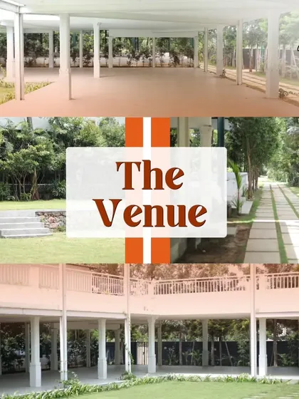 A collage showcasing the different areas of 'The Venue', including its open-air covered halls and scenic pathways, highlighting its versatility for various event setups.