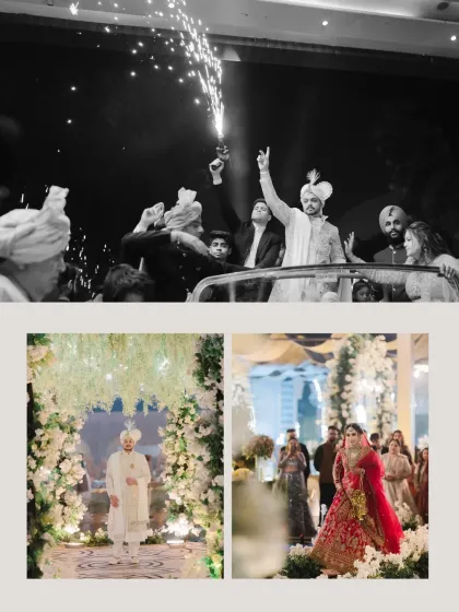 A collage showing the groom's energetic baraat and the couple's grand entry, capturing the high spirits of the wedding day.