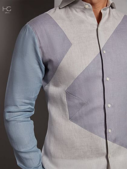This is bespoke style for the modern man. I used color-blocking with different shades of blue and grey linen to create a shirt that is both artistic and effortlessly wearable.