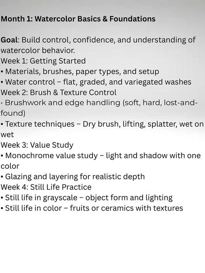 An overview of Month 1: Watercolor Basics & Foundations. The goal is to build your control, confidence, and understanding of how watercolor behaves.