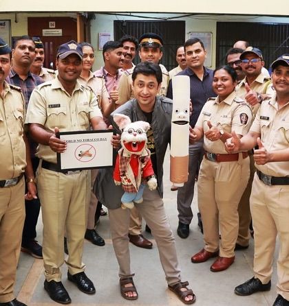 With the Mumbai Police for a World No Tobacco Day awareness campaign. My puppets Bunny and a giant cigarette puppet helped deliver a serious message in an engaging way.