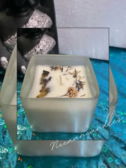 Hand-poured serenity in every flame. This frosted square candle is infused with dried botanicals and love.