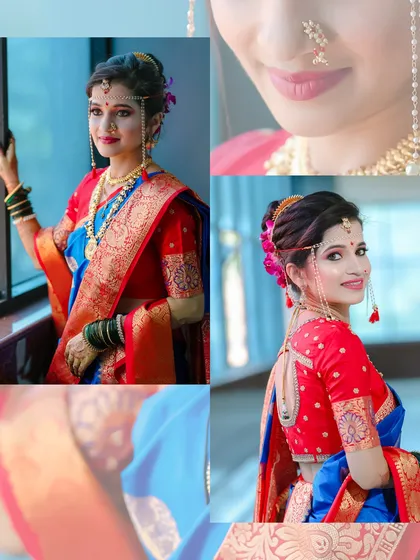 A collage showcasing the beauty of a Maharashtrian bride. I focus on her traditional jewellery, the elegant Nauvari saree, and her joyful expressions.