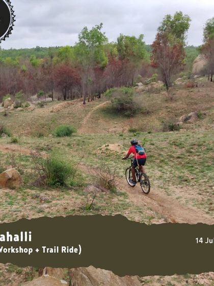 A rider tackling a trail during our MTB workshop and ride at Avalahalli. These events combine skill-building with a real-world trail riding experience.