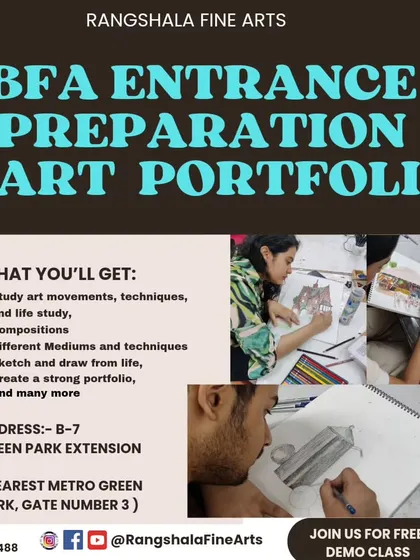 This graphic clearly outlines our specialized coaching for BFA entrance exams and art portfolio development. We provide structured guidance for students from class 10th through Master's degree programs.
