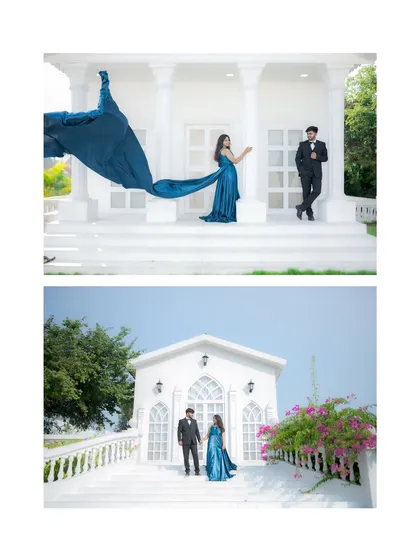 Two shots from the same grand white location, one showcasing the dramatic flair of the bride's flowing dress and the other a romantic walking shot.