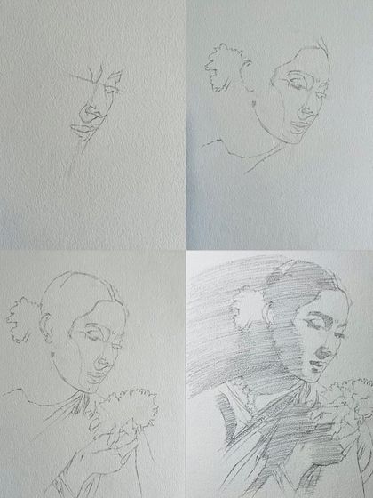 A four-panel grid of the initial sketches for the Nutan portrait. This shows the importance of a good drawing foundation before starting to paint.
