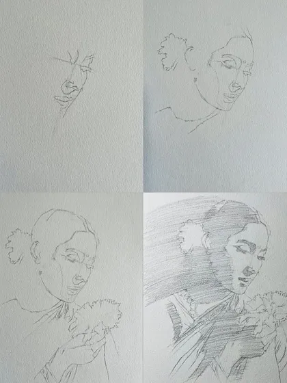 The initial sketching phase for the Nutan portrait, broken down into four steps.