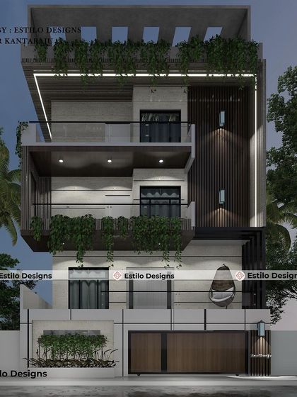 This is the night view of my architectural elevation project in Hosakerehalli. The strategic use of exterior lighting highlights the building's clean lines, wood paneling, and cantilevered balconies, creating a dramatic and welcoming effect.