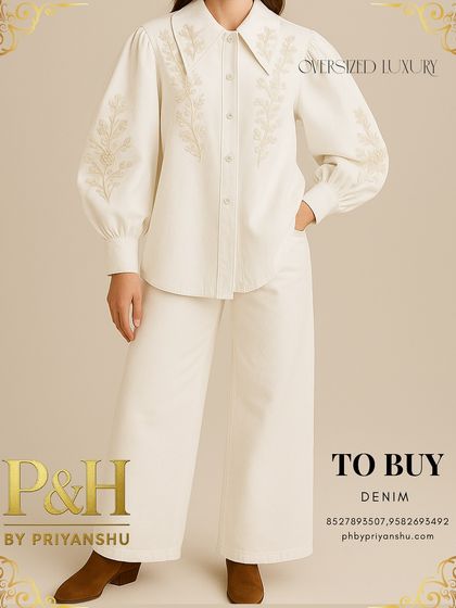 A full-length shot of the off-white denim set, styled with brown boots, emphasizing the clean, monochromatic look.