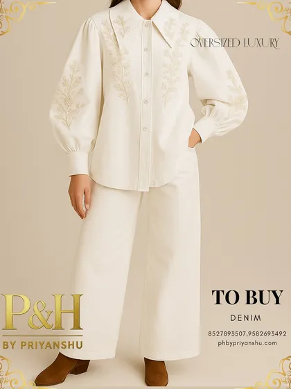 A full-length shot of the off-white denim set, styled with brown boots, emphasizing the clean, monochromatic look.