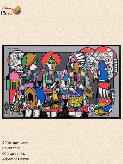 For Girish Adannavar's "Celebration," the frame is kept simple to let the dynamic energy and riot of color in the artwork take center stage.