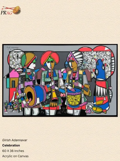 Another 'Celebration' by Girish Adannavar, this time in a vibrant, folk-inspired style, capturing the energetic rhythm of traditional musicians.