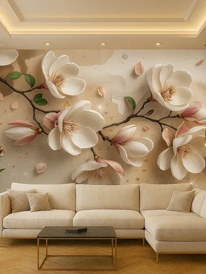 This delicate 5D wallpaper features white cherry blossoms with falling petals, creating a serene and romantic atmosphere. The soft, neutral tones are perfect for a calming space.