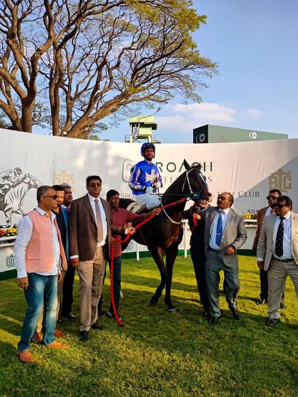 The winning horse and connections of the Roach Lifescapes Bangalore Juvenile Million.