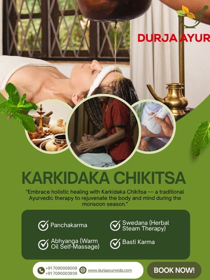 This graphic highlights key therapies included in our Karkidaka package, such as Panchakarma, Abhyanga, and Swedana, for holistic healing during the monsoon.