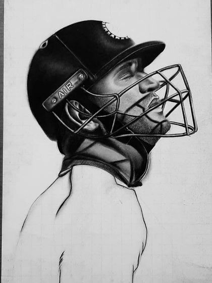 A step-by-step look at my tribute portrait of MS Dhoni. These images show the meticulous work of drawing the helmet, face, and jersey details over 90 hours.