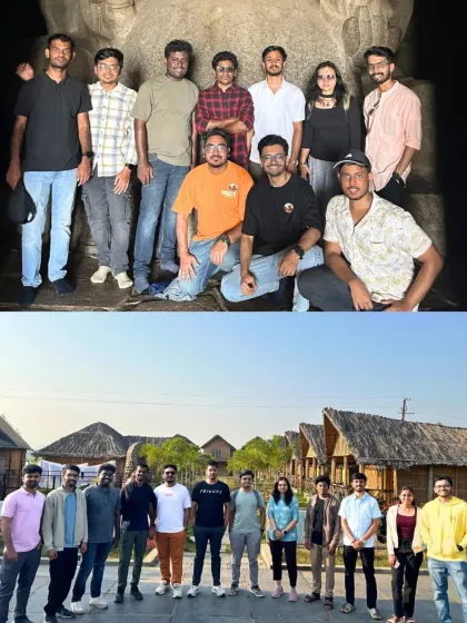 A collage from a Hampi adventure, showing the group exploring ancient ruins and relaxing at the resort.