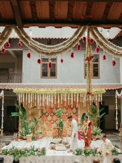 We believe culture should echo in every inch of a wedding. For Hema and Karthik, we brought a Chettinad house to life with traditional decor, from the vaasal kolam to the mesmerizing mitham, creating an authentic and nostalgic courtyard kalyanam.