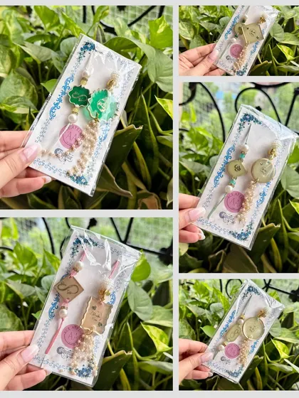 A glimpse into the variety of my Ace Resin Rakhi collection. This collage shows different styles, from initial rakhis to symbolic designs, all beautifully packaged and ready to gift.
